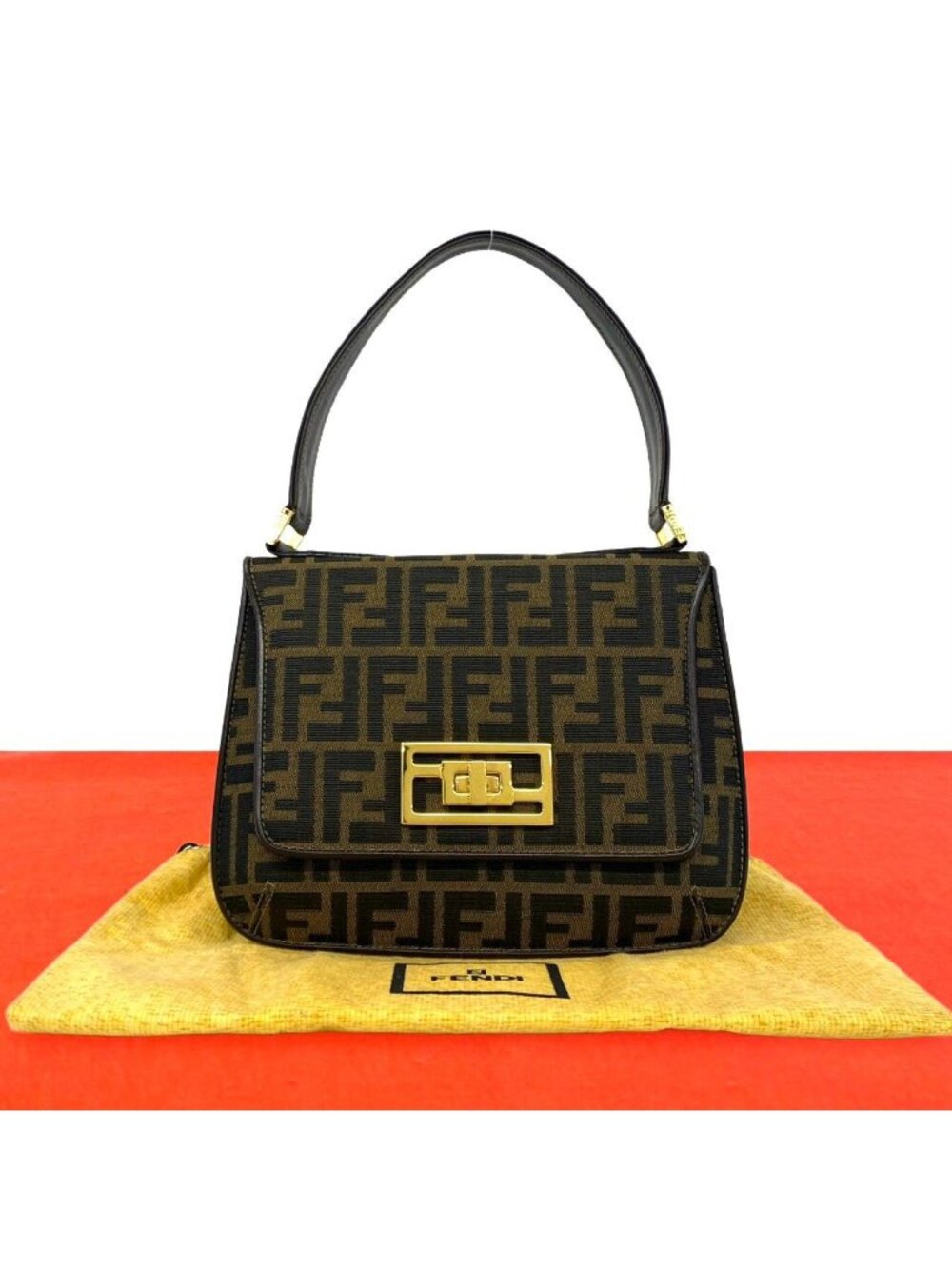 Fendi Zucca FF Pattern Canvas Leather Shoulder Bag Brown Black